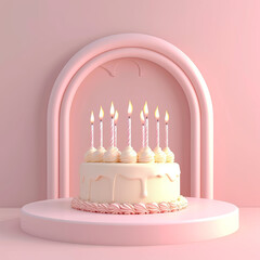 Soft pop art style minimalist dessert presentation, white cake with candles on a white podium and...