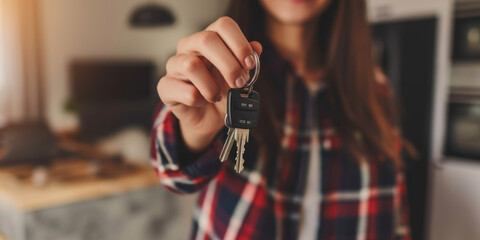 a young woman holding keys, generative AI