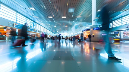 a busy airport terminal with people walking around, motion blurred photo - obrazy, fototapety, plakaty