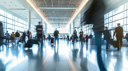a busy airport terminal with people walking around, motion blurred photo - obrazy, fototapety, plakaty
