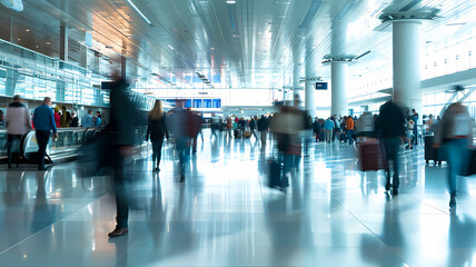 a busy airport terminal with people walking around, motion blurred photo - 712794527