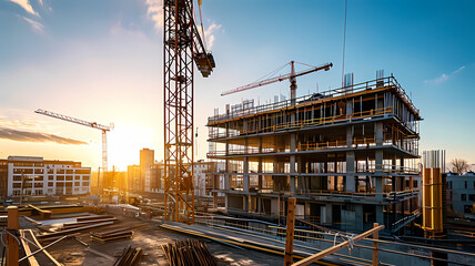construction site for a large building with a clear blue sky background - Powered by Adobe