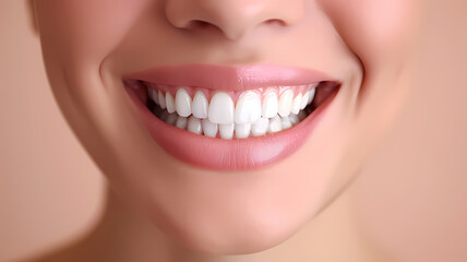 portrait photo of perfectly straight and white teeth on a person, plain color background