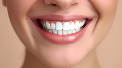 portrait photo of perfectly straight and white teeth on a person, plain color background