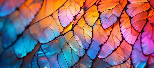 Macro close up of delicate butterfly scales, highlighting iridescent hues and intricate patterns