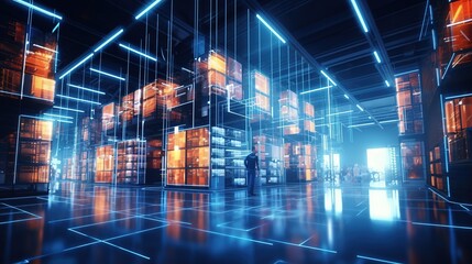 Futuristic Technology Retail Warehouse. Digitalization Visualization of Industry 