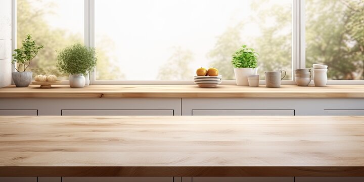 Product displayed on spacious wooden desk in kitchen interior.