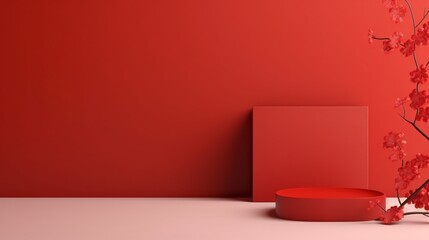 Presentation with saturated red stage podiums, perfect for showcasing cosmetic products, gifts, and goods in a luxurious modern style—an ideal template for advertising and design. Generative AI