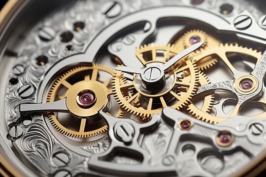 Close up of exquisite handcrafted mechanical watch movement with delicate gears and jewels
