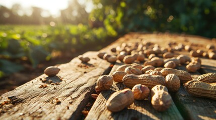 Peanut Grove Tranquility: A Wooden Table, Empty with Abundant Copy Space, Placed over a Peanuts Field Background, Eliciting Thoughts of Fresh Harvest and Agricultural Serenity.

 - obrazy, fototapety, plakaty