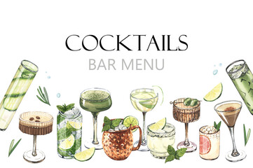 Cocktail glasses: martini, gin, margarita, mojito, liquor, rum, moscow mule. Watercolor hand-drawn illustration isolated on white background. Perfect for bar menu with alcoholic drinks, for cafe