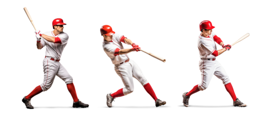 set of baseball player swinging their bat to hit a ball