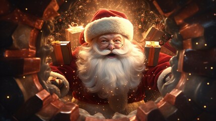 A high-quality 3D-rendered image of Santa Claus emerging from a magical portal with gifts.