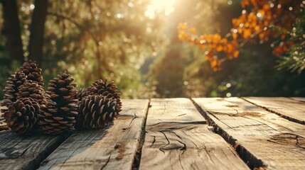 Rustic Twilight Gathering: Set the Table with Wood and Conifer Cones in the Woods at Sunset, Creating a Serene and Cozy Al Fresco Atmosphere.