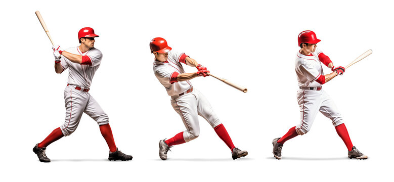 set of baseball player swinging their bat to hit a ball