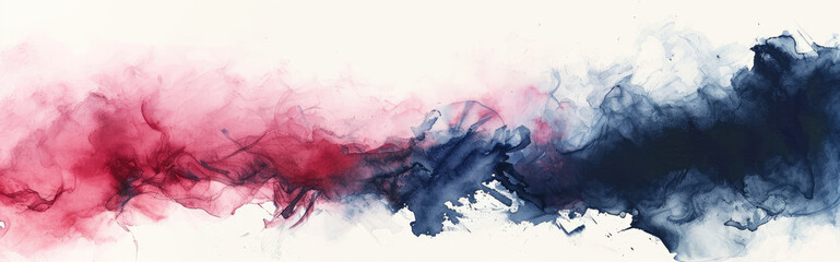 Watercolor abstract background on white canvas with dynamic mix of dark red and dark blue colors, banner, panorama
