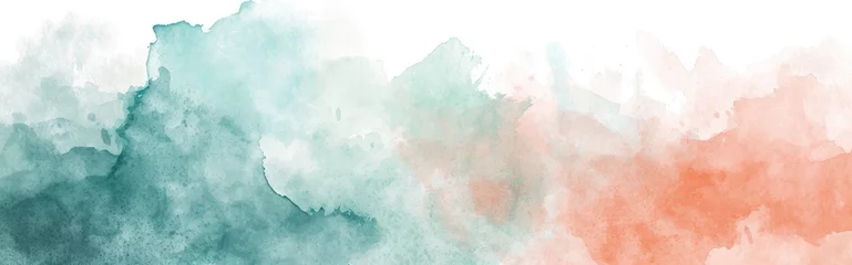 Poster Watercolor abstract background on white canvas with dynamic mix of muted teal and coral, banner, panorama © boxstock production