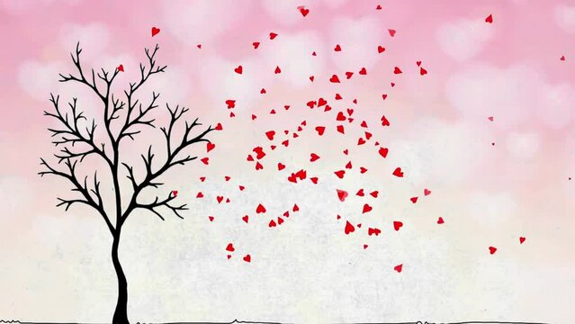 romantic love tree with hearts flying and landing with copy space for text, seamless loop background