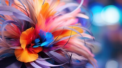 Closeup of a statement hair clip, featuring an oversized flower made of vibrant colored feathers.