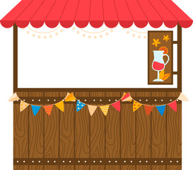Wooden lemonade stand with red canopy and festive banners. Vector illustration of a drink kiosk with a summer vibe. Fair booth, street food stall concept. Vector illustration.