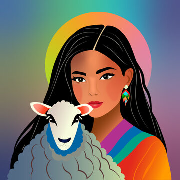 Ilustraci&oacute;n mujer andina con oveja en el brazo