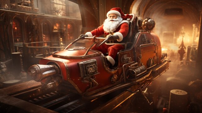 A lifelike 3D-rendered Santa Claus in a time-traveling sleigh, exploring different eras.