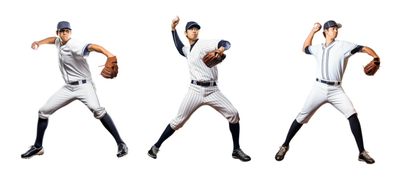 set of baseball pitcher in the process of throwing a ball