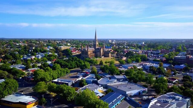 Bendigo Aerial Footage - Church Cathedral Central Business District (4k) Panorama Central Victoria Australia