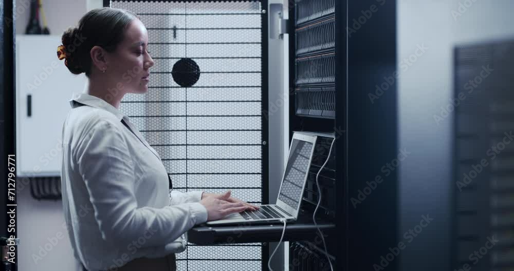 Poster Business woman, data center and laptop for maintenance, system and hardware or software backup in cybersecurity. Asian technician with computer engineering, coding inspection and server room solution