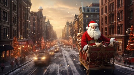 A realistic 3D-rendered Santa Claus riding a retro-style sleigh through a bustling city. - obrazy, fototapety, plakaty