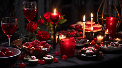 Naklejka na ściany i meble Festive table setting decorated for Valentine's Day with red roses and candles.