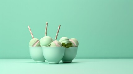 cups of mint ice cream, each decorated with a mint leaf, on a plain green background Cold dessert without sugar or substitutes, natural vegan
