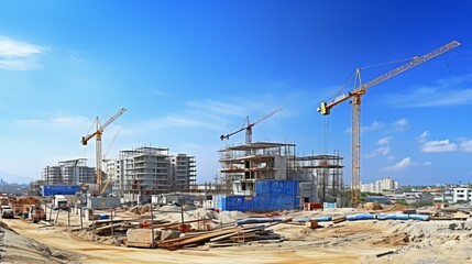 Massive factory construction with crane and building site against a clear blue sky