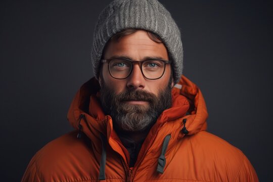 Portrait of a bearded man wearing a warm jacket and glasses.