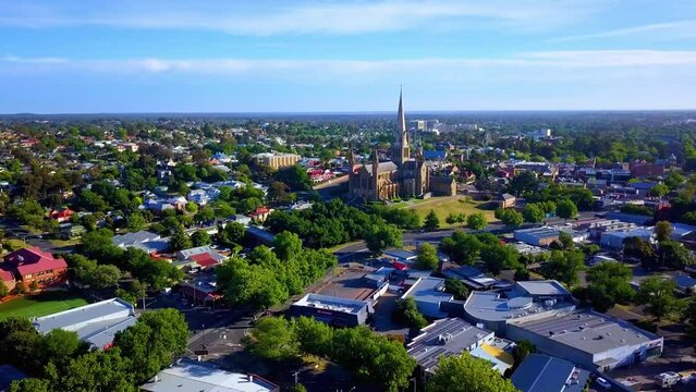 Bendigo Aerial Footage - Church Cathedral Central Business District (4k) Panorama Central Victoria Australia
