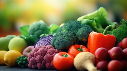 Closeup of a set of colorful fruits and vegetables, highlighting the benefits of a balanced and nutritious diet for overall health.