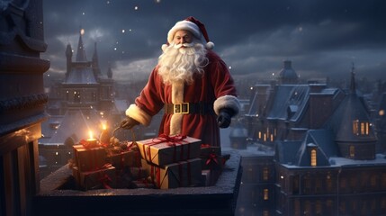A realistic 3D model of Santa Claus with a bag full of gifts on a beautifully lit rooftop.