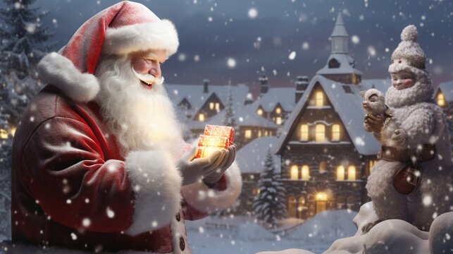 A realistic 3D-rendered Santa Claus creating a snowman in a picturesque winter scene.