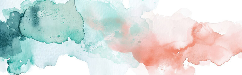 Fototapeta premium Watercolor abstract background on white canvas with dynamic mix of muted teal and coral, banner, panorama