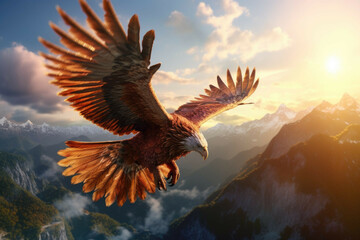 A griffin flying over a mountain range at sunset - obrazy, fototapety, plakaty