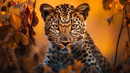 Close up portrait of amur leopard in natural habitat, wildlife photography - obrazy, fototapety, plakaty