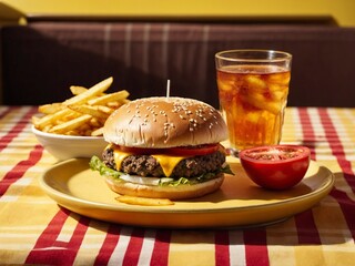 Cheese burger - American cheese burger with Golden French fries and cold drink
