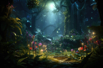 Fototapeta premium A magical forest filled with enchanted creatures and mythical plants, glowing with a mysterious light