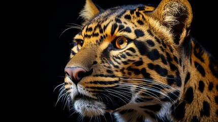Obraz premium Captivating amur leopard portrait showcasing its beauty in isolation on a striking black background