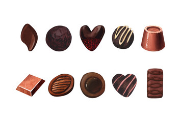 Chocolate candy set, sweet dessert. Watercolor hand-drawn illustration isolated on white background. Desserts for Happy Valentine's day