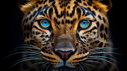 Close up amur leopard portrait on black background, endangered wildlife photography - obrazy, fototapety, plakaty