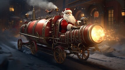 realistic 3D-rendered Santa Claus in a steam-powered sleigh, reminiscent of the industrial age. - obrazy, fototapety, plakaty