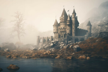 Obraz premium A mysterious castle in a foggy landscape, with a magical atmosphere