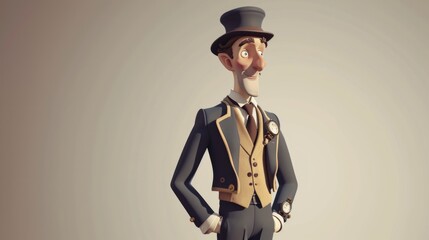 Cartoon digital avatars of Vintage Clothing Shop Owner A dapper gentleman in a threepiece suit, complete with a pocket watch and a bowler hat. - obrazy, fototapety, plakaty