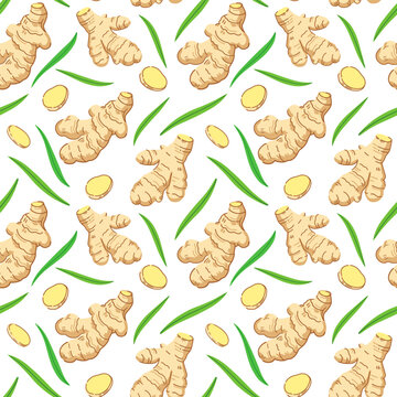 Seamless pattern with ginger roots, slices and leaves. Vector illustration.